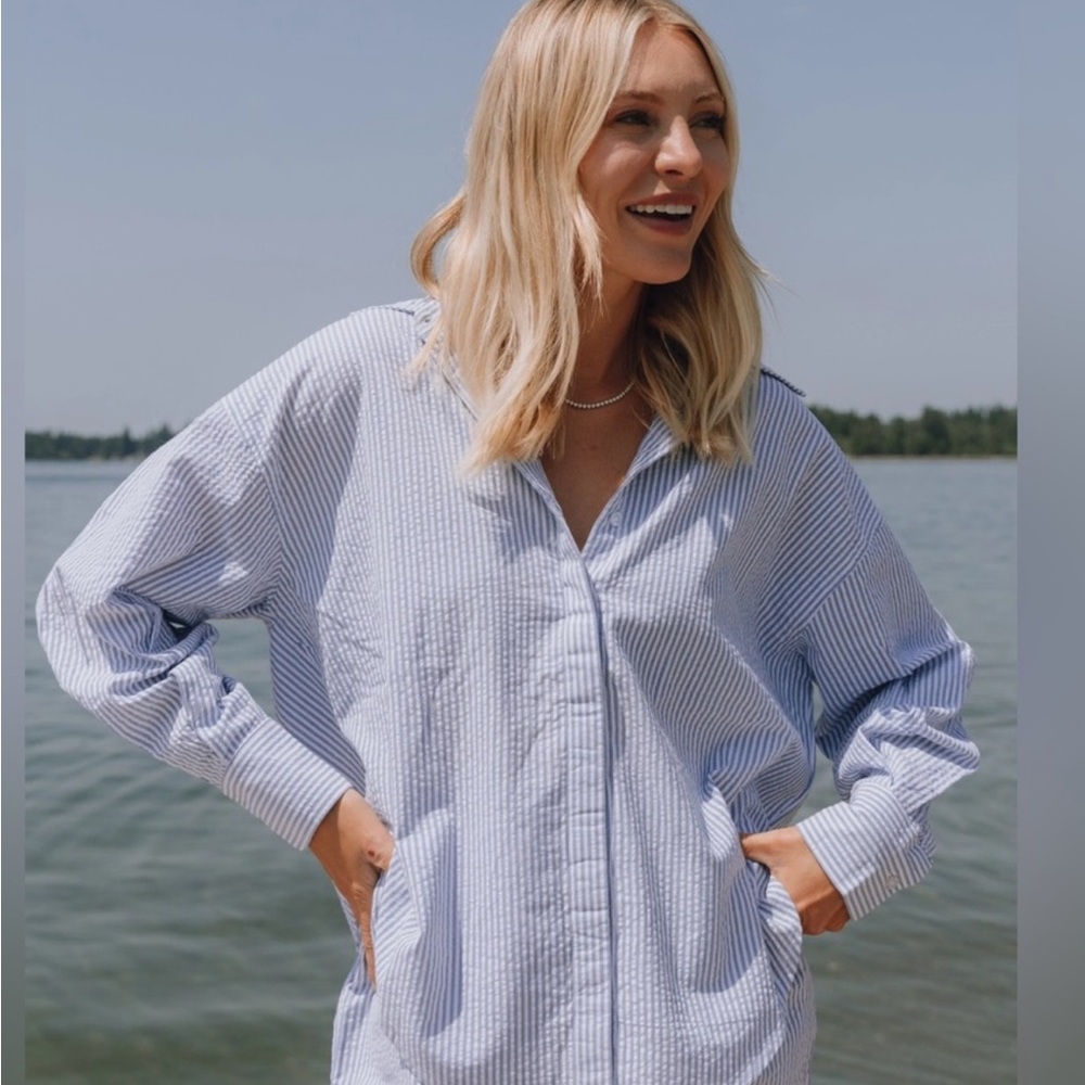 Daily Drills Light Blue Striped Seersucker Button-Down Shirt